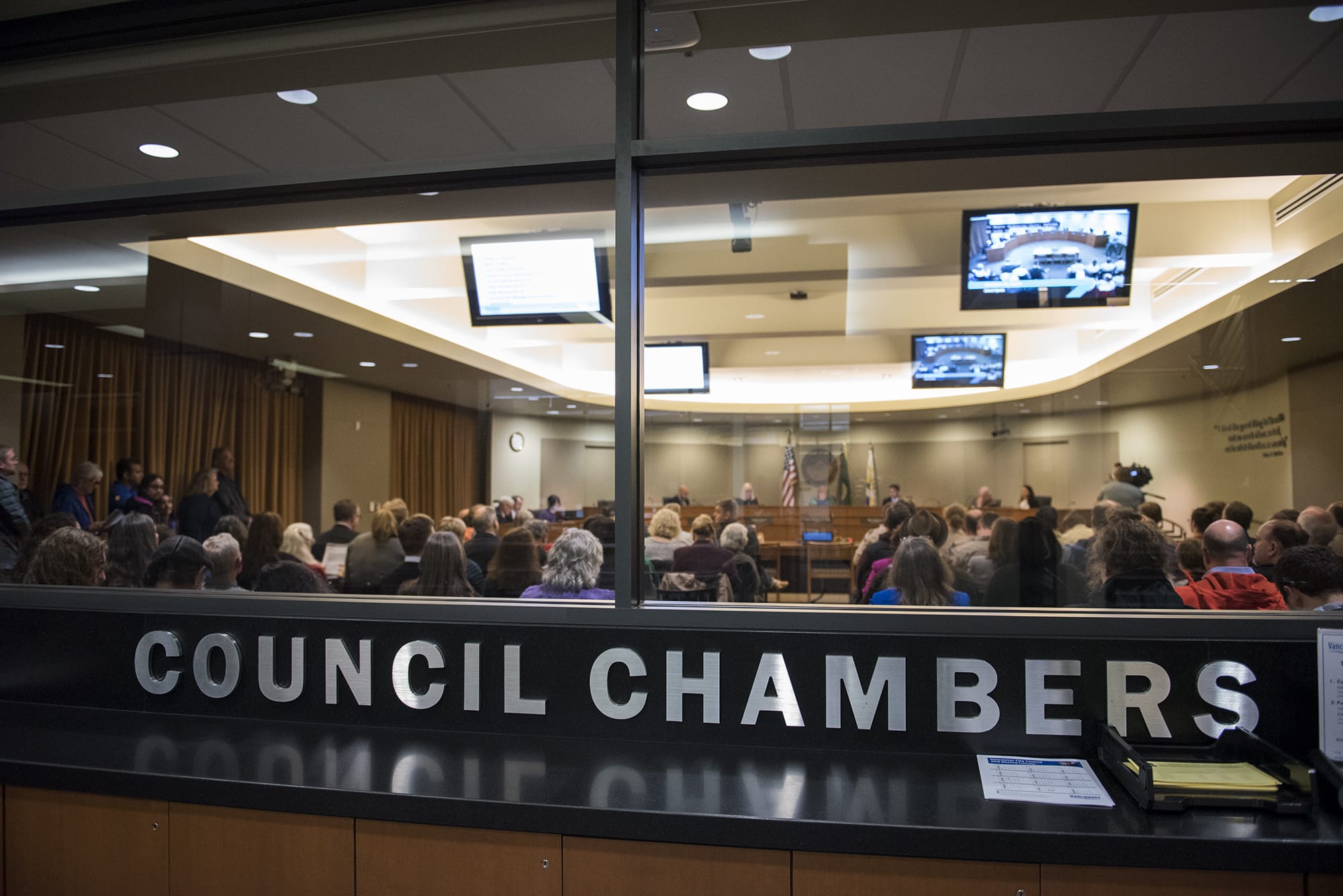 The Vancouver City Council at its first meeting of the year in January. The council could move forward with repealing the controversial Human Services Facilities Siting ordinance in May.