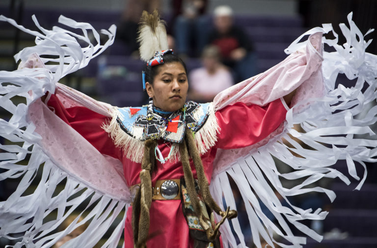 Loretta Stanley of Tacoma and of the Kootenai tribe dances the fancy dance during the Annual Traditional Pow Wow hosted by the Native American Parent Association of Southwest Washington at Heritage High School in Vancouver on Saturday, March 3, 2018.
