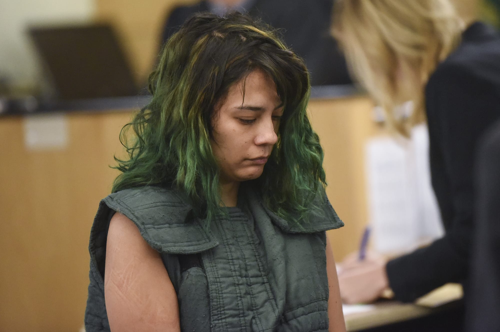 Emily Javier of Camas makes a first appearance Monday, March 5, 2018, in Clark County Superior Court on allegations that she stabbed her boyfriend with a samurai sword early Saturday morning at their home in Camas.