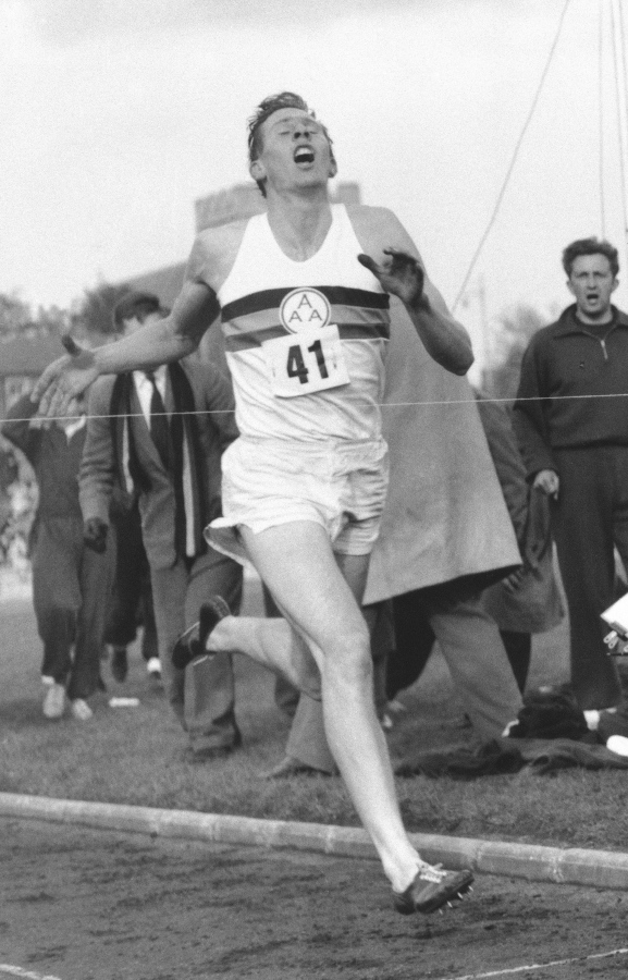 Britain’s Roger Bannister hits the tape to break the four-minute mile in Oxford, England, on May 6, 1954. A statement released Sunday, March 4, 2018, on behalf of Bannister’s family said Sir Roger Bannister died peacefully in Oxford on March 3, aged 88.