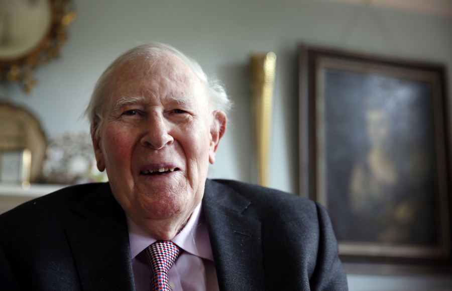 Roger Bannister, who as a young man was the first person to break the 4-minute barrier for the mile run in 1954, poses during an interview with The Associated Press at his home in Oxford, England, on April 28, 2014. A statement released on behalf of Bannister’s family said Sir Roger Bannister died peacefully in Oxford on March 3 2018, aged 88.