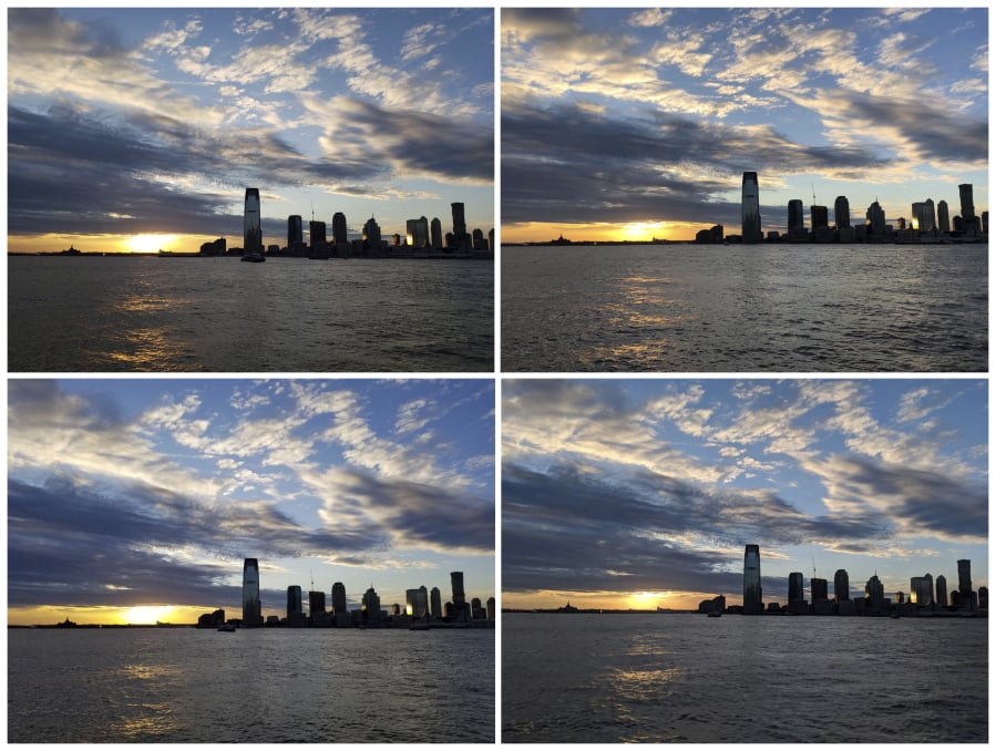 Photos of a sunset along the Hudson River, taken in New York with a view of New Jersey. Starting at the top left and going clockwise, the phones used are Samsung’s Galaxy S9, Apple’s iPhone X, Google’s Pixel 2 XL and Samsung’s Galaxy Note 8. All top-end phones take decent photos, even in challenging low-light conditions, though there are some color variations.
