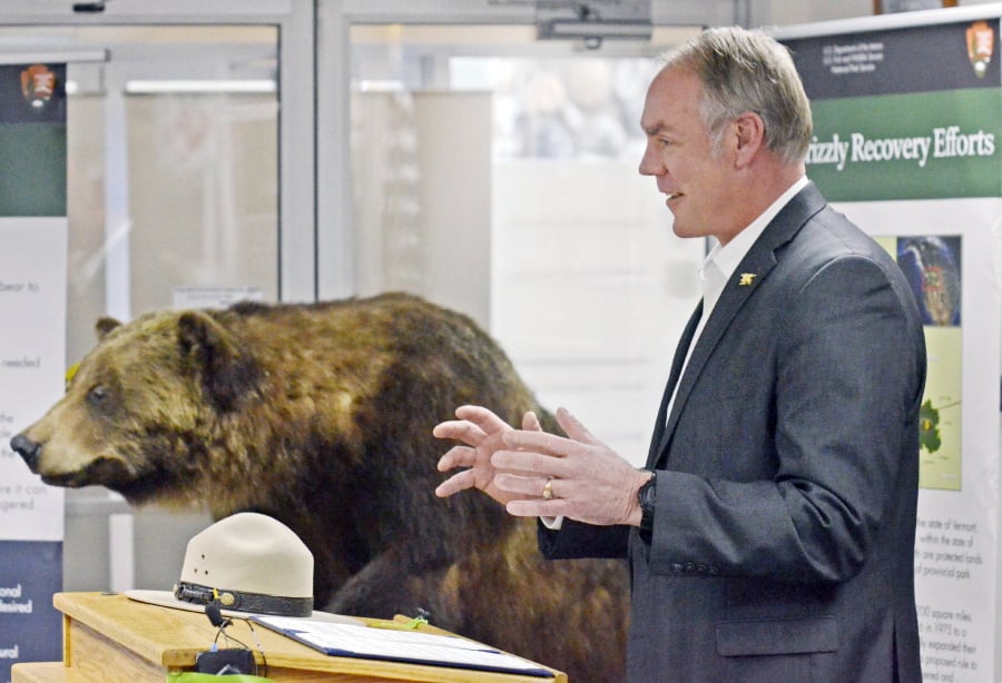 U.S. Secretary of the Interior Ryan Zinke speaks in support of the re-introduction of the grizzly bear to the North Cascades in Washington during a news conference Friday in Sedro-Woolley.
