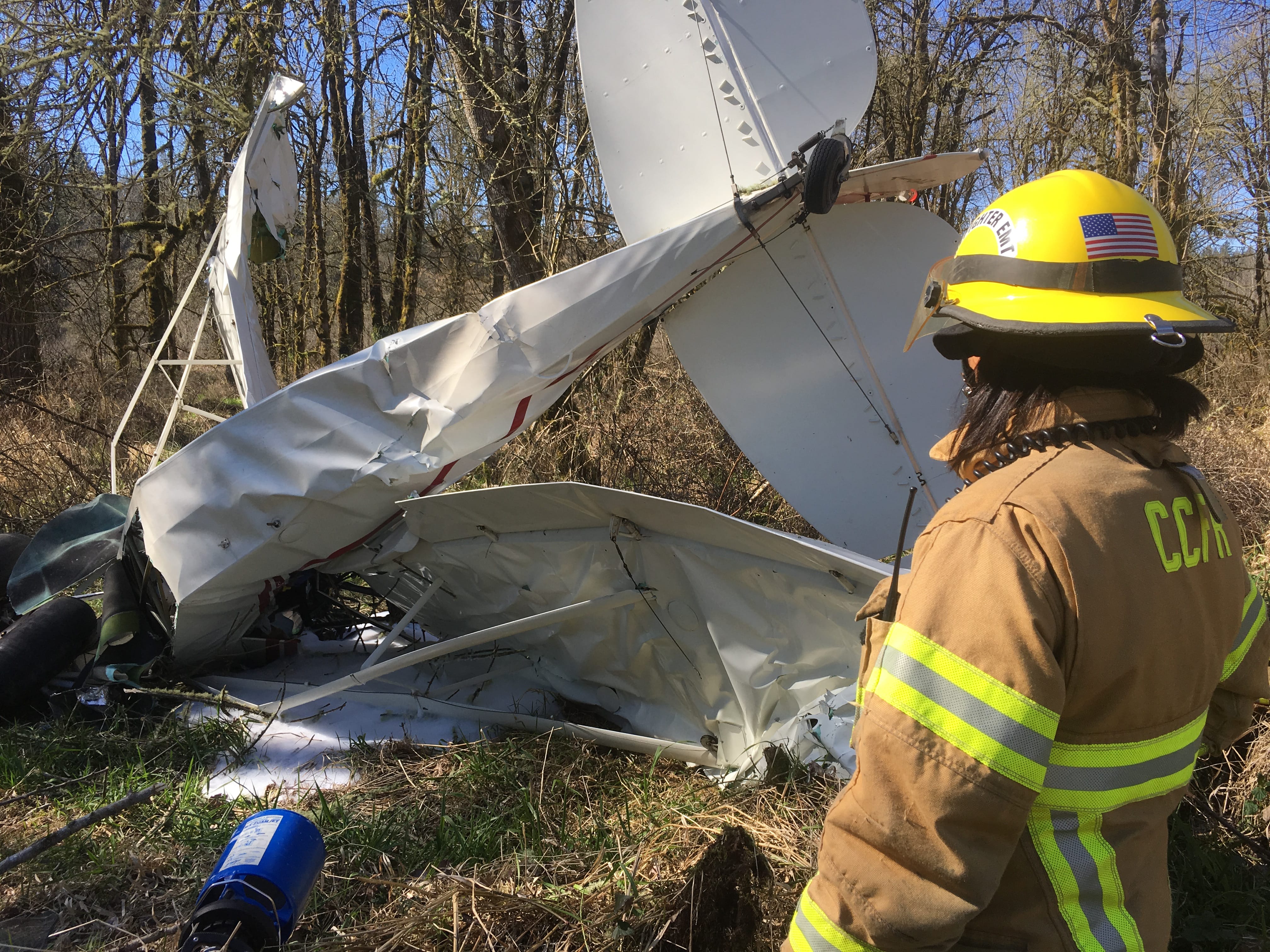 A firefighter inspects the wreckage of a crashed aircraft Sunday afternoon south of La Center. The plane crashed near Daybreak Field, killing its pilot, 65-year-old Mary H. Rosenblum of Canby, Ore.