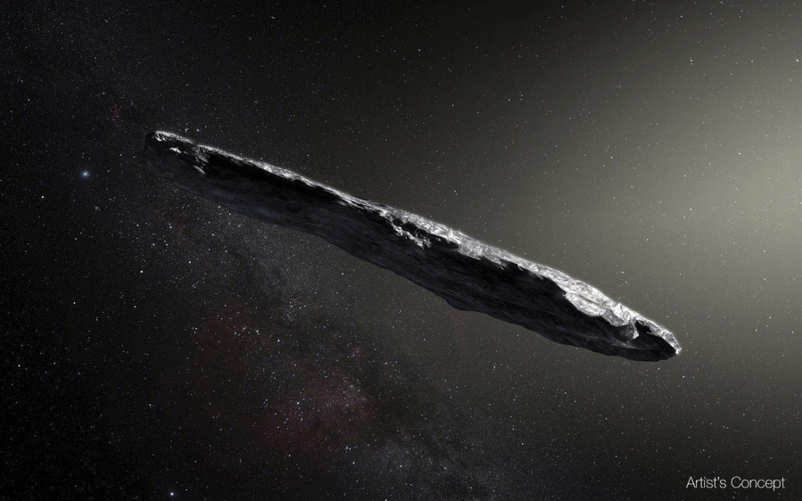 This artist’s rendering shows the first interstellar asteroid, Oumuamua. The object was discovered Oct. 19 by the Pan-STARRS 1 telescope in Hawaii. The University of Toronto’s Alan Jackson reported Monday that the asteroid — the first confirmed object in our solar system originating elsewhere — is probably from a binary star system. That’s where two stars orbit a common center. According to Jackson and his team, the asteroid was likely ejected from its system as planets formed. M.