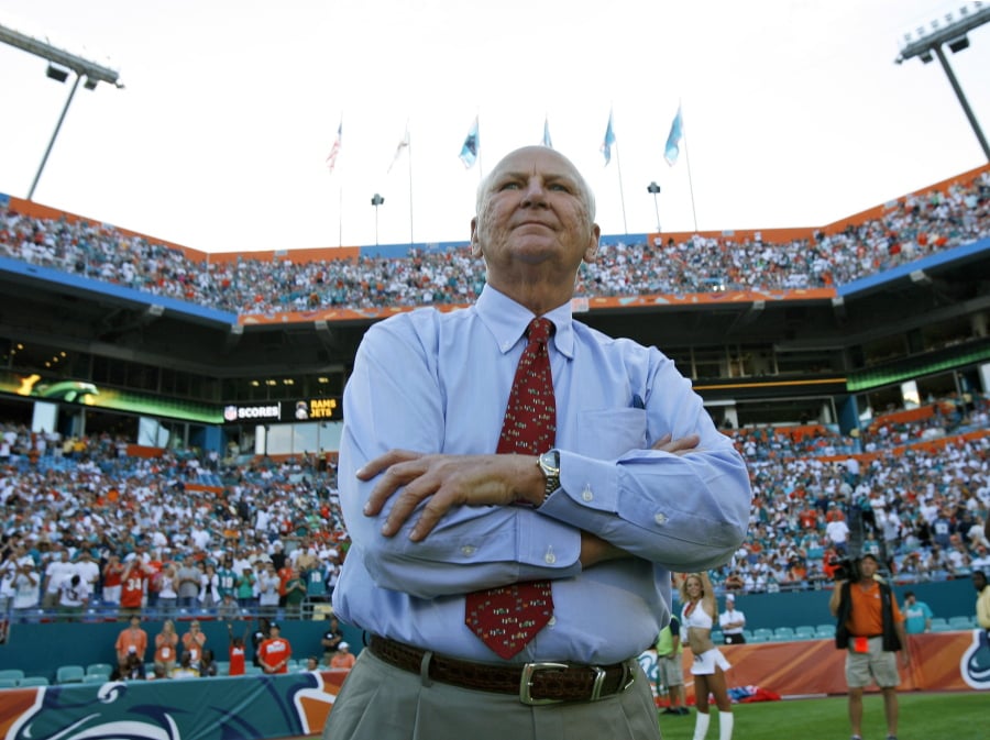 FILE- This Nov. 9, 2008, file photo shows H. Wayne Huizenga at Dolphin Stadium in Miami. Huizenga, a college dropout who built a business empire that included Blockbuster Entertainment, AutoNation and three professional sports franchises, has died. Valerie Hinkell, a longtime assistant to Huizenga, said Friday that he died Thursday night, March 22, 2018, at his South Florida home. He was 80.