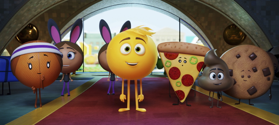 FILE - This file image released by Sony Pictures shows Gene, voiced by T.J. Miller, center, in Columbia Pictures and Sony Pictures Animation’s “The Emoji Movie.” “The Emoji Movie” has received Hollywood’s most famous frown, the Razzie Award, for worst picture of 2017.
