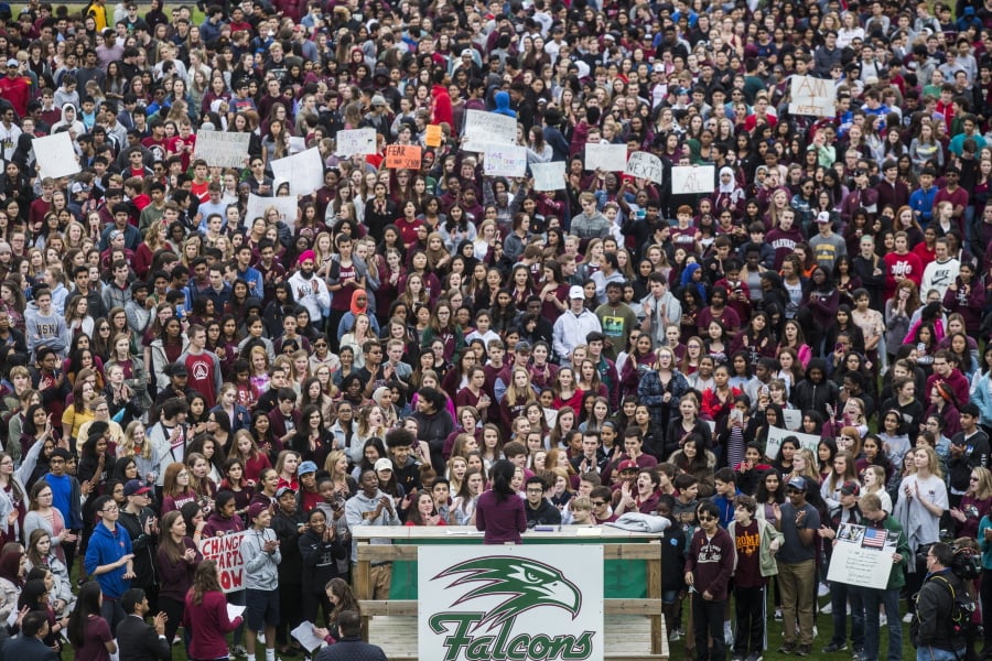 More than 2,000 students walked out of Green Hope High School in Cary, N.C., on Feb. 28, calling for political change to try to end school gun violence following the Feb. 14 school shooting in Parkland, Fla.