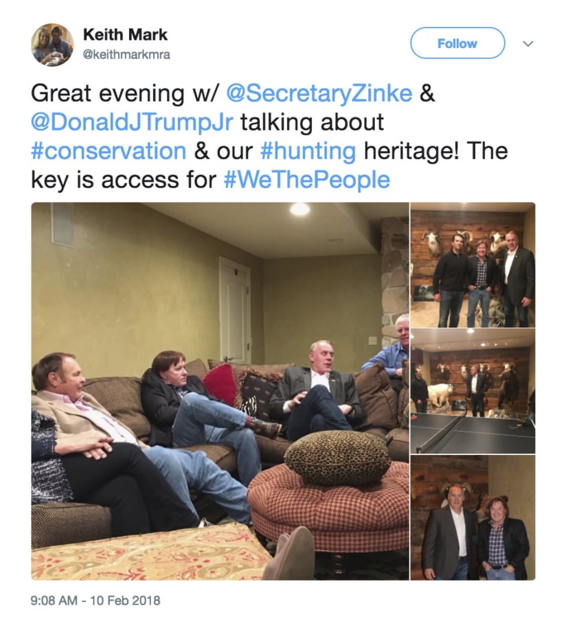 This screenshot of a Twitter post from the page of Keith Mark shows photos of Interior Secretary Ryan Zinke meeting with Donald Trump Jr. and Keith Mark. A new U.S. advisory board created to help rewrite federal rules for importing the heads and hides of African elephants, lions and rhinos is stacked with trophy hunters, including some members with direct ties to President Donald Trump and his family.