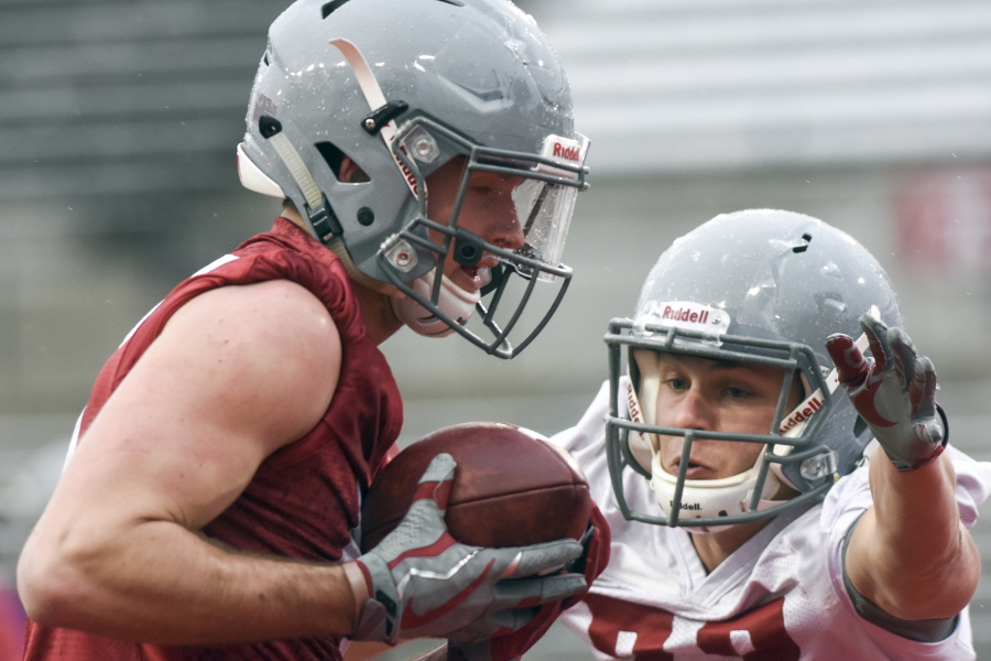 Washington State wide receiver Kyle Sweet, left, catches a pass as Jonathan Jun defends during the NCAA college football team's spring practice Thursday, March 22, 2018, in Pullman, Wash.