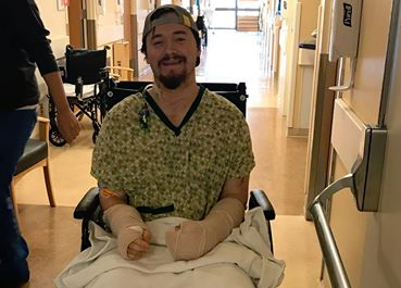 Alex Lovell, 29, of Camas is pictured at an area hospital where he's recovering from injuries suffered March 3, 2018, when his girlfriend, Emily Javier, allegedly attacked him with a samurai sword at their shared home.