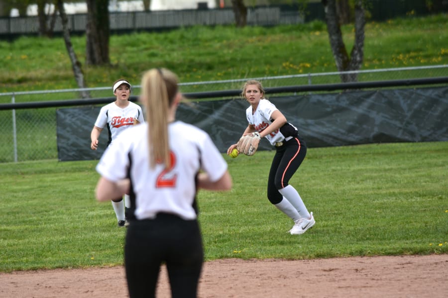 Battle Ground short stop Morgan Stradley (right) winds up to throw to first base after catching a pop fly during the Tigers' 8-3 win over Skyview on Friday, April 20, 2018 (Andy Buhler/Columbian staff).