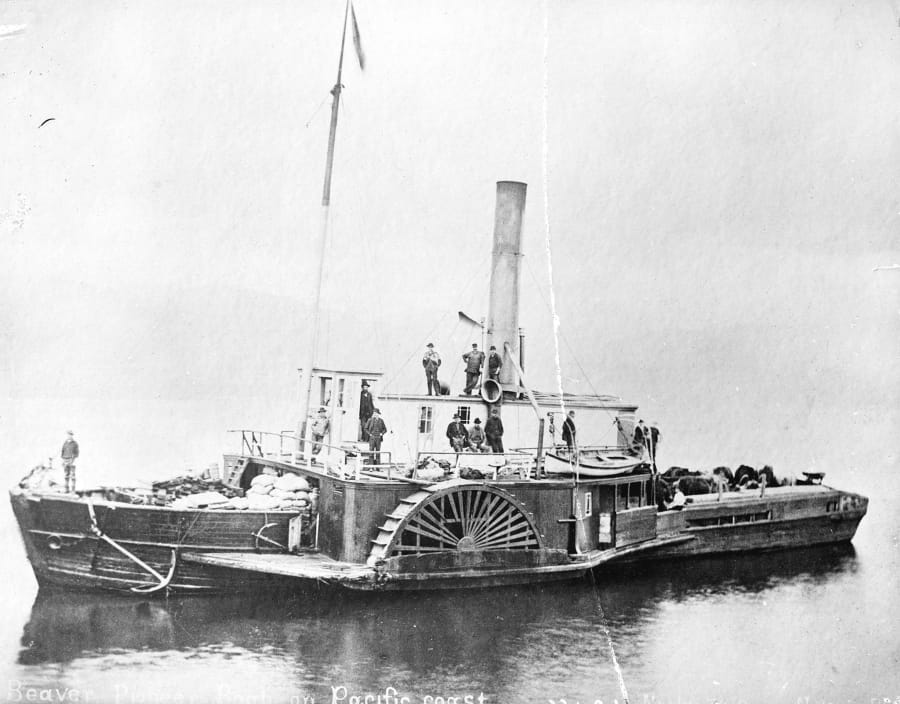 The Beaver, the first steam-powered vessel in Pacific waters, arrived at Fort Vancouver in 1836. It is shown near the end of its career in a city of Vancouver, B.C., archive photo taken in 1888, just before it ran onto rocks. (City of Vancouver, B.C., archives LGN 664, Harry T.