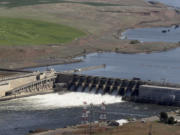 The Ice Harbor Dam on the Snake River is seen from the air near Pasco in 2013.