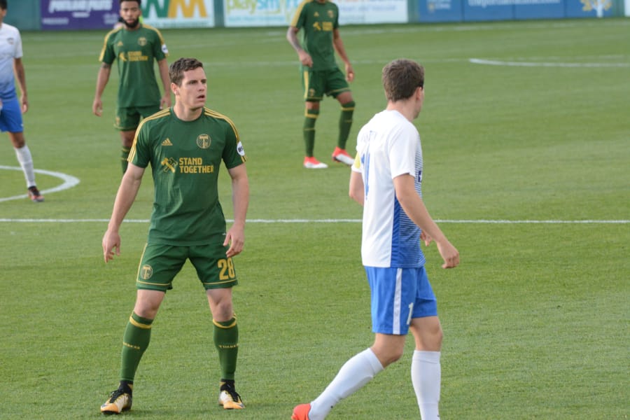 Foster Langsdorf makes his home debut with the Portland Timbers USL afilliate "T2" squad at University of Portland's Merlo Field on Wednesday. The Mountain View High School grad scored a goal in a 3-2 win over Rio Grande Valley. (Andy Buhler/ Columbian staff).