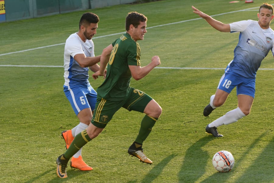 Foster Langsdorf makes his home debut with the Portland Timbers USL affiliate "T2" squad at University of Portland's Merlo Field earlier this season. (Andy Buhler/ Columbian staff).