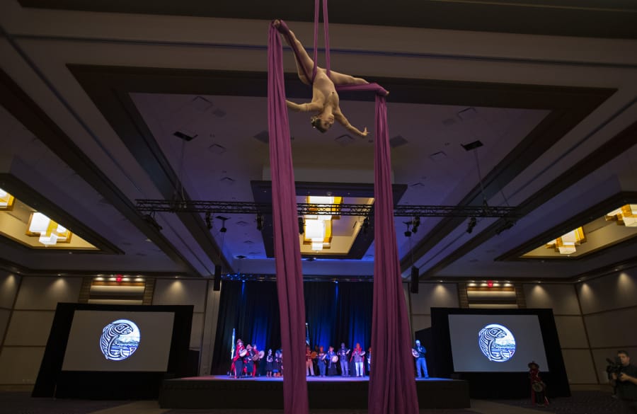 Treya Bushell of Red Acrobatic Circus performs for the crowd at the ribbon cutting for Ilani Casino Resort’s new events center. The 30,000-square-foot addition is expected to bring concerts, trade shows and more high-traffic events to northern Clark County.