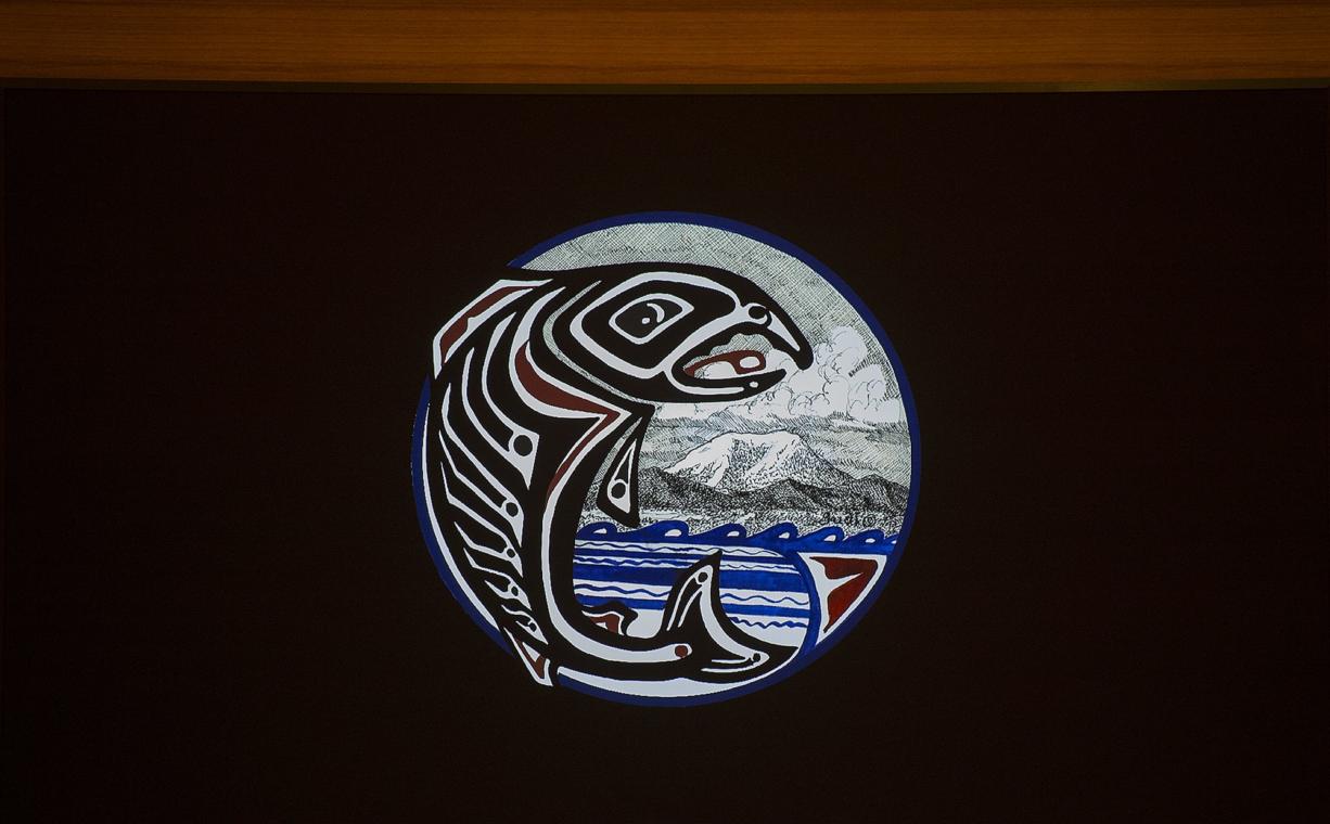 A symbol of the Cowlitz Tribe is seen in the new Ilani Meeting &amp; Entertainment Center at Ilani Casino Resort on Thursday morning, April 5, 2018.
