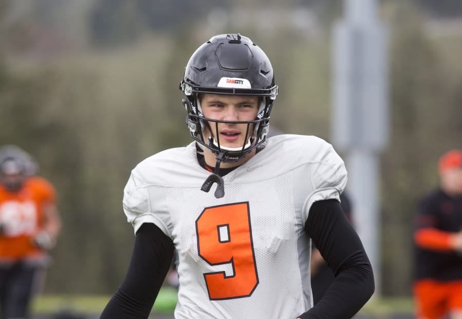 Jack Colletto at a practice session for the Oregon State football team at Beaverton, Ore., on Saturday April 14, 2018. Colletto played football at Camas High School.