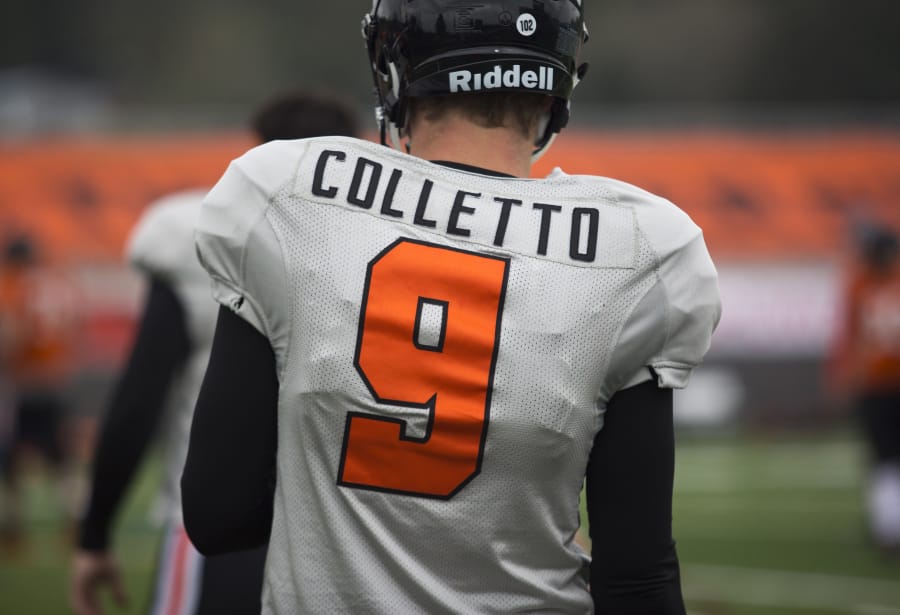 Jack Colletto at a practice session for the Oregon State football team in Beaverton, Ore., on Saturday April 14, 2018. Colletto played football at Camas High School.