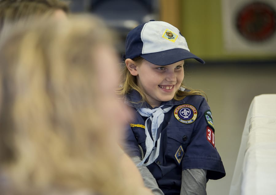 Lorelai Henry, a founding member of Ridgefield’s new all-girl Cub Scout Pack 303, discusses the great times she’s already had as a Scout — doing things like camping, horseback riding and pinewood derby car racing.