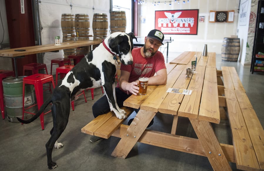 Jeff Seibel and his dog, Zeus, inspect a pint at Ghost Runners Brewery’s taproom, 4216 N.E. Minnehaha St. After a monthslong civil case against a former investor, the brewery will lose a lease at The Waterfront Vancouver but keep its taproom.