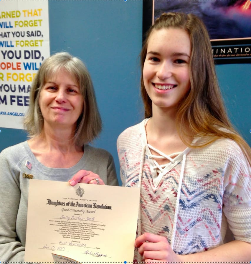 Ridgefield: Cathy Zweig of the Fort Vancouver chapter of the Daughters of the American Revolution presents the chapter’s 2018 Good Citizens Award and Scholarship to Ridgefield High School senior Sally Bishop-Smith.