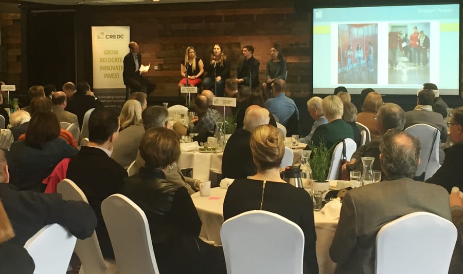 Moderator Casey Wyckoff , far left, interviews a panel of young adults about their transition from school to career at the Columbia River Economic Development Council luncheon Tuesday. Panelists, from left, were Breanna Clevidence, Jayde Wright, Andrey Popov and Greta DuBois.