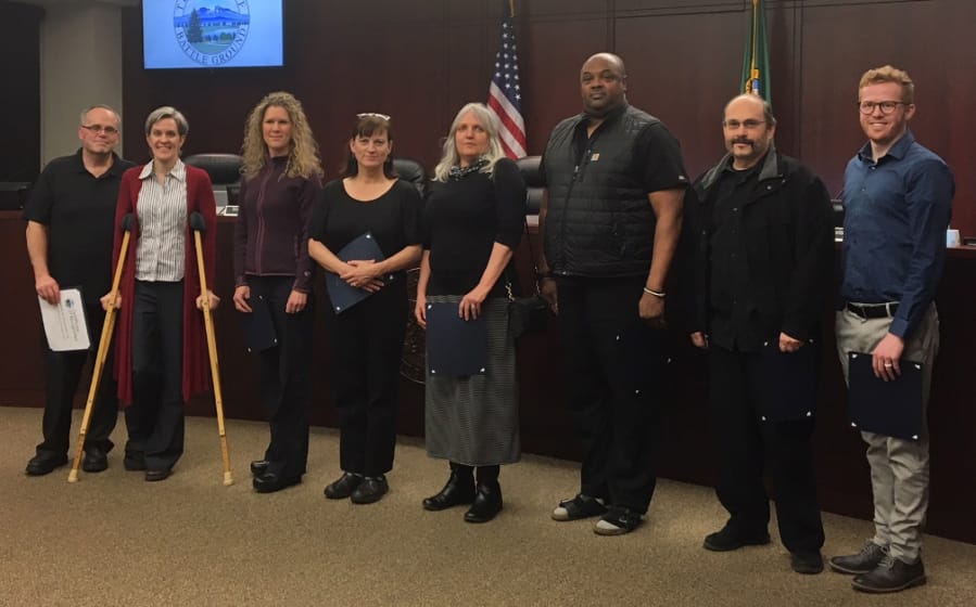 Battle Ground: Battle Ground Mayor Mike Dalesandro honored health care providers, from left, Jeffery Strappazon, Aly Strappazon, Shannon Schram, Stefanie Adams, Sue Doyle, Randall Jones, Kevin Waters and Jason Egbert.