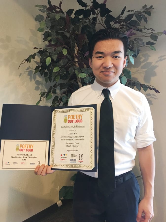 Ridgefield: Cedar Tree Classical Christian School senior Isaac Lu was named Washington state’s Poetry Out Loud winner, earning him a spot in the national finals in Washington, D.C.