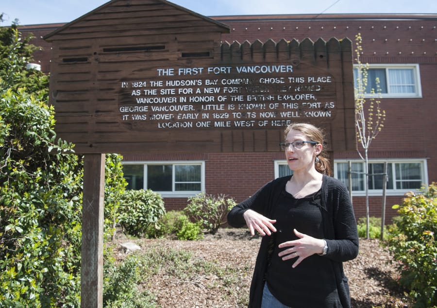 Amy Clearman, a graduate student at Portland State University, explains the story behind the sign put up in 1925 along Grand Boulevard, next to Washington School for the Deaf. Clearman is looking for the original site of Fort Vancouver, built in 1825 on the bluff above the Columbia River, but it’s probably not where the sign is.