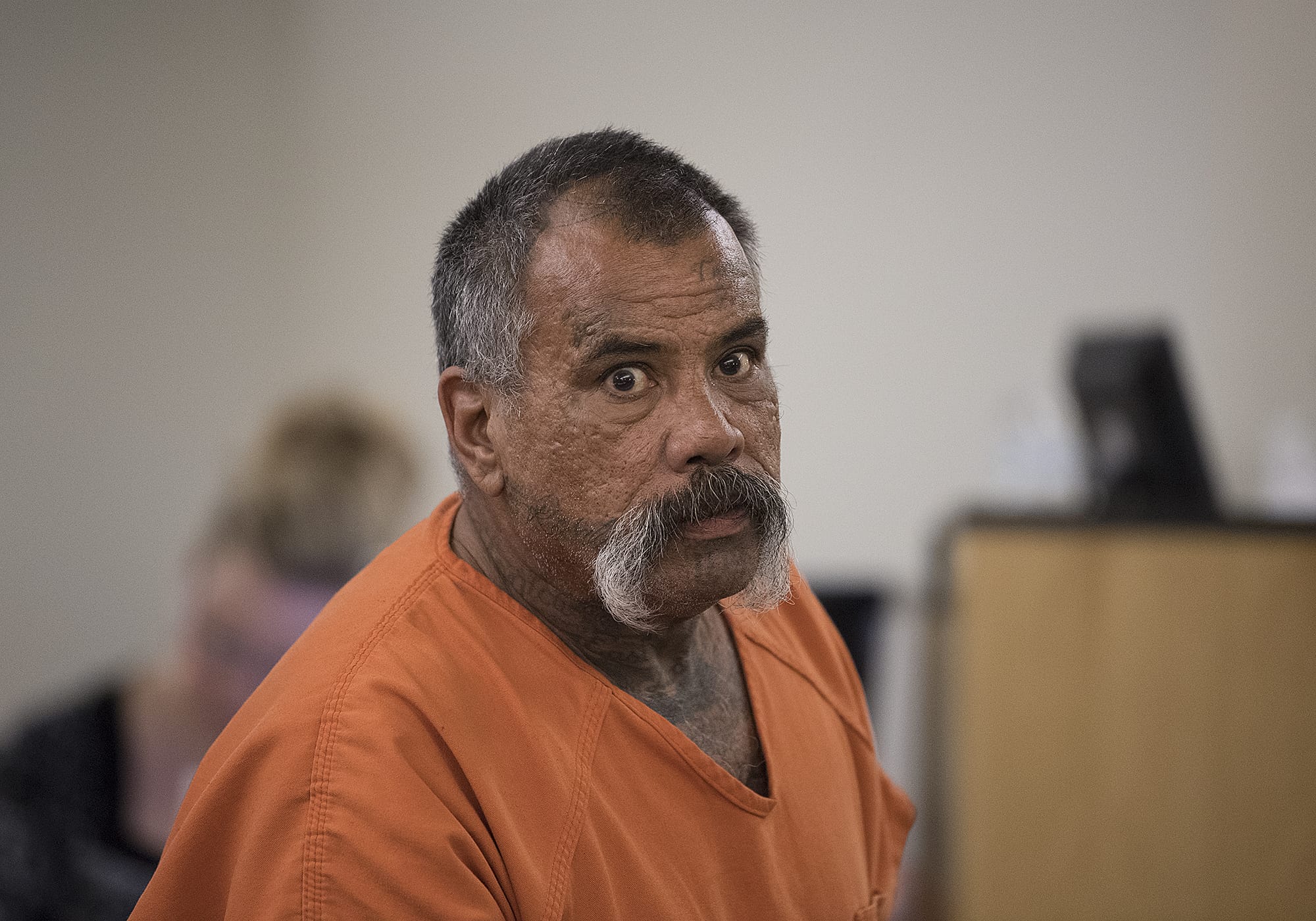 Henry Castillo makes a first appearance Monday morning, April 23, 2018, in Clark County Superior Court in connection with a robbery and stabbing. The victim, Scott Allen Chappelle, suffered a stab wound to his chest. He was in satisfactory condition Monday at a local hospital.