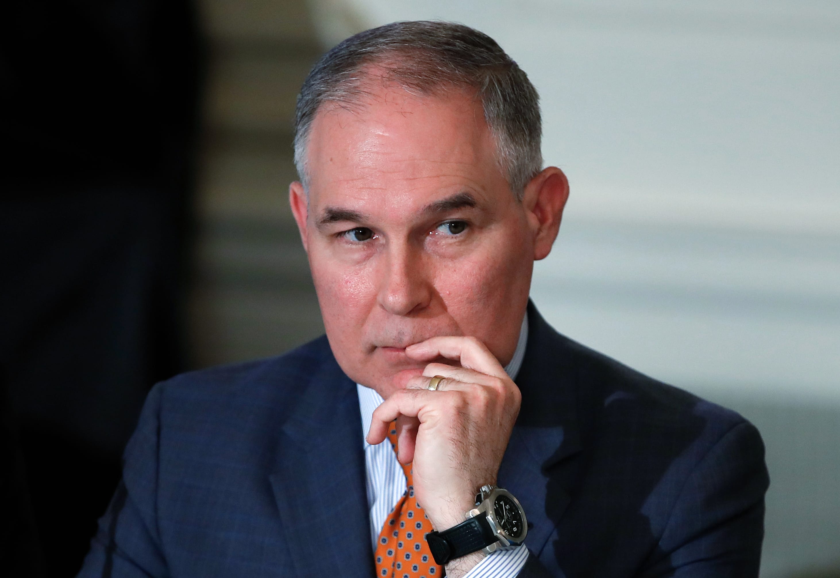 In this Feb. 12, 2018 photo, Environmental Protection Agency Administrator Scott Pruitt attends a meeting at the White House in Washington.   Trump is offering his support to the head of the Environmental Protection Agency who is at the center of swirling ethics questions.