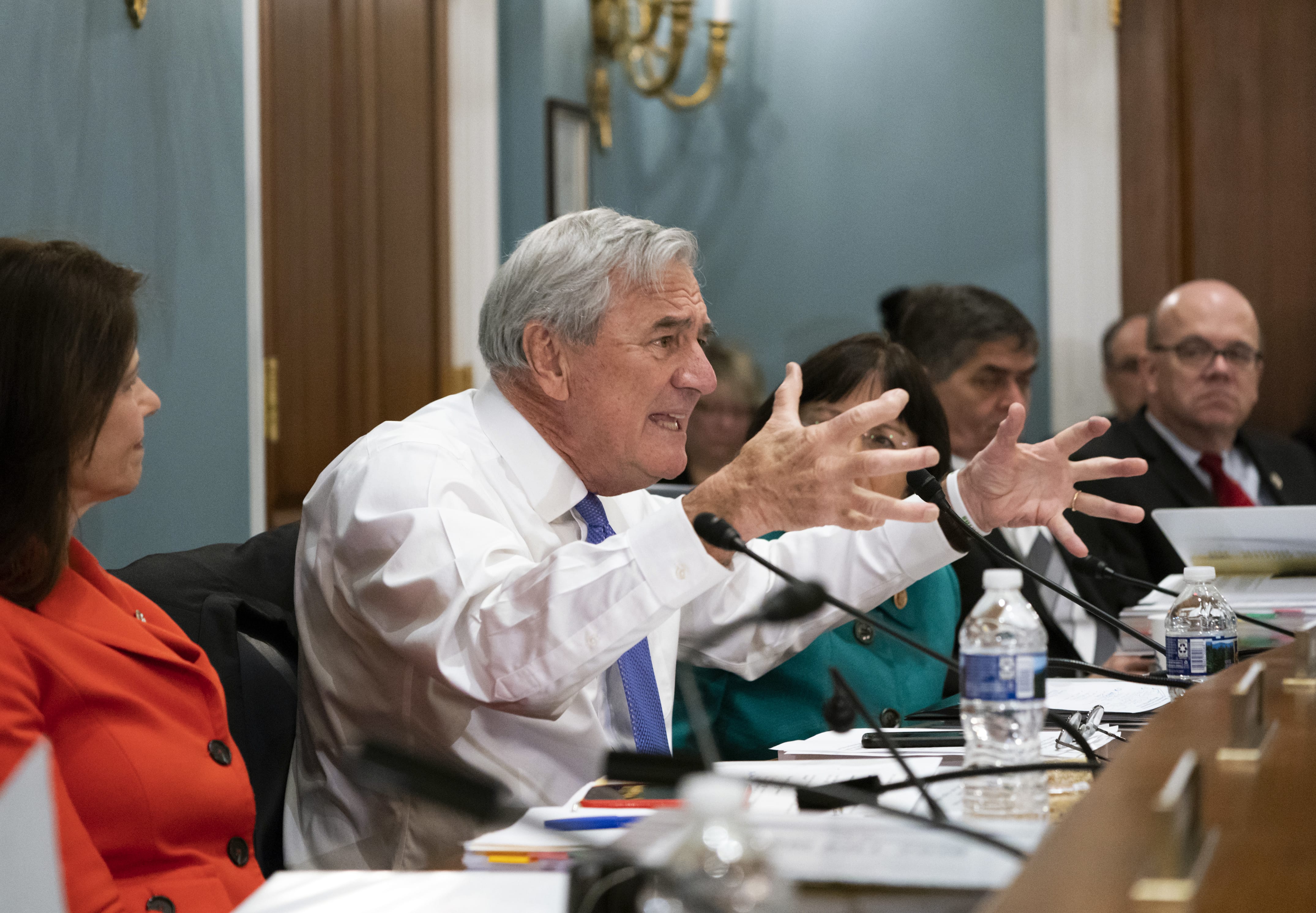 Rep. Richard Nolan, D-Minn., argues in opposition as members of the House Agriculture Committee assemble to craft a new farm bill which includes an overhaul of the food stamp program, officially known as the Supplemental Nutrition Assistance Program, or SNAP, on Capitol Hill in Washington, Wednesday, April 18, 2018. Republicans are proposing stricter work mandates on the nation's more than 40 million food stamp recipients. (AP Photo/J.
