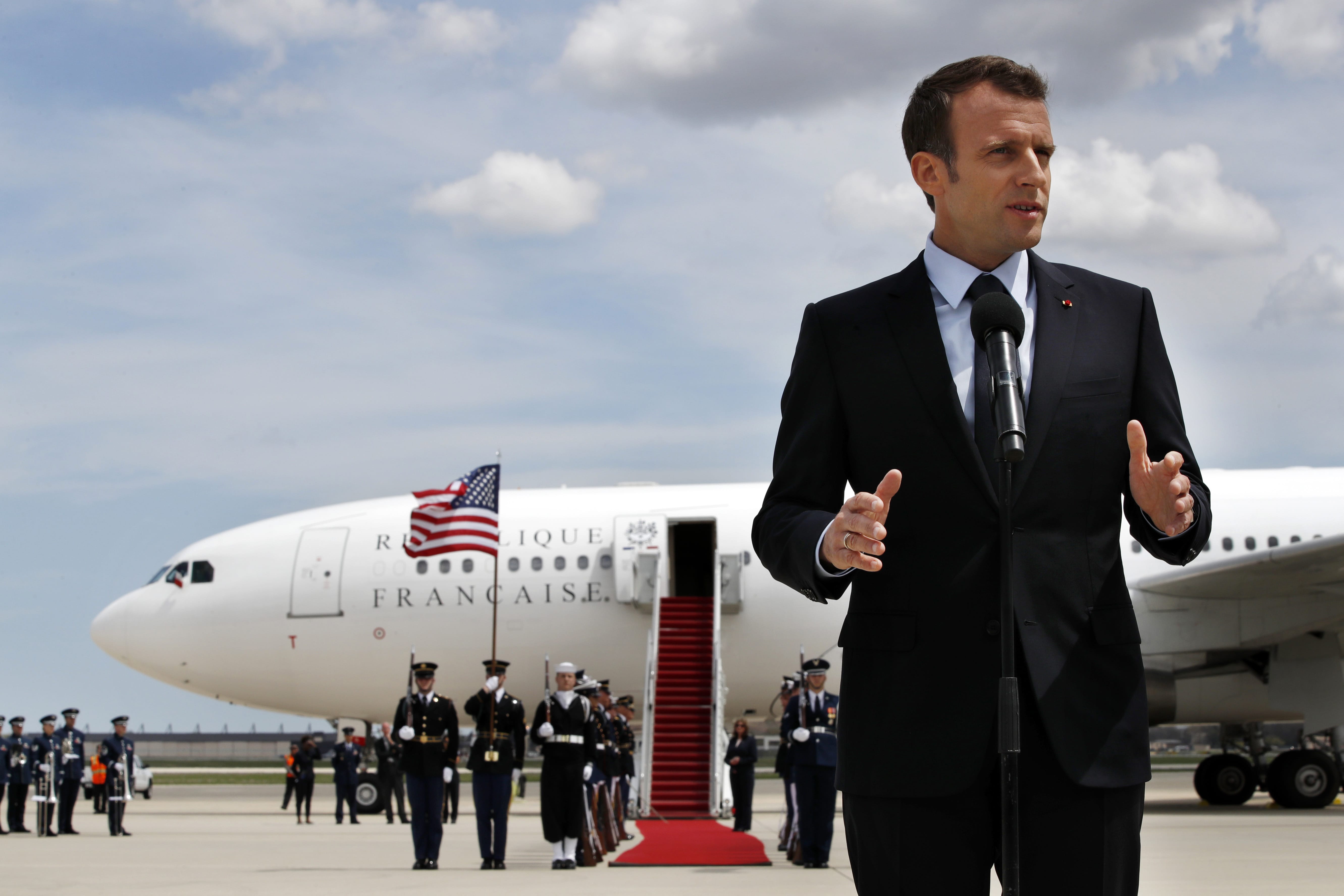 French President Emmanuel Macron speaksa on arrival at Andrews Air Force Base, Md., Monday April 23, 2018, outside of Washington. President Trump, celebrating nearly 250 years of U.S.-French relations, will be hosting Macron at a glitzy White House state visit.
