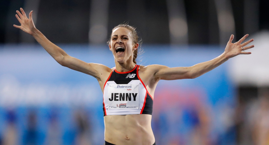 Jenny Simpson celebrates as she wins the women’s special two-mile run at the Drake Relays athletics meet, Friday, April 27, 2018, in Des Moines, Iowa.