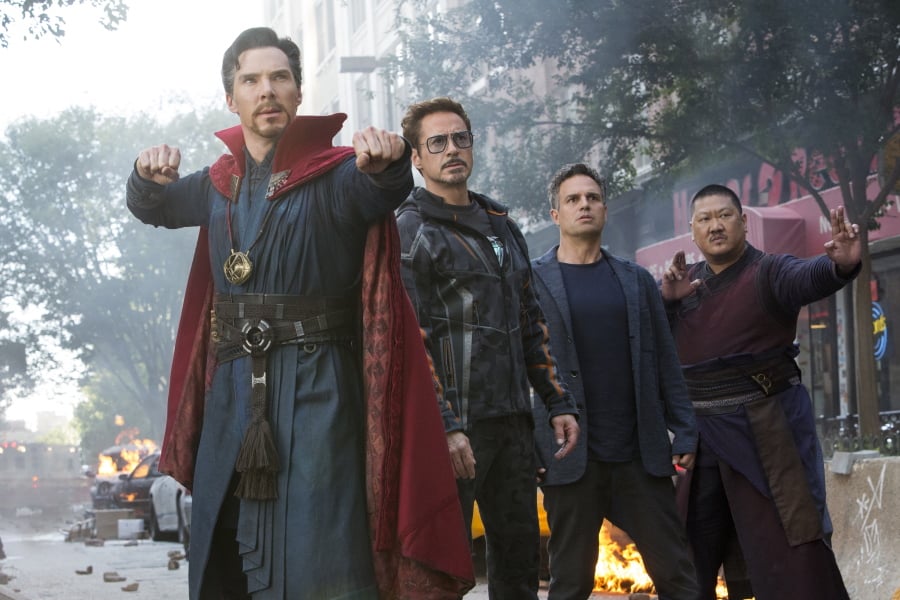 This image released by Marvel Studios shows, from left, Benedict Cumberbatch, Robert Downey Jr., Mark Ruffalo and Benedict Wong in a scene from “Avengers: Infinity War.” (Marvel Studios via AP)
