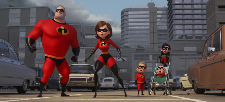 This image released by Disney Pixar shows characters, from left, Bob/Mr. Incredible, voiced by Craig T. Nelson, Helen/Elastigirl, voiced by Holly Hunter, Dash, voiced by Huck Milner, Jack Jack and Violet, voiced by Sarah Vowell in “Incredibles 2,” in theaters on June 15.