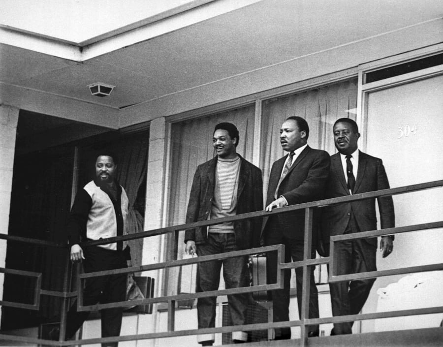 The Rev. Martin Luther King Jr. stands with other civil rights leaders on the balcony of the Lorraine Motel in Memphis, Tenn., a day before he was assassinated at approximately the same place. From left are Hosea Williams, Jesse Jackson, King, and Ralph Abernathy.