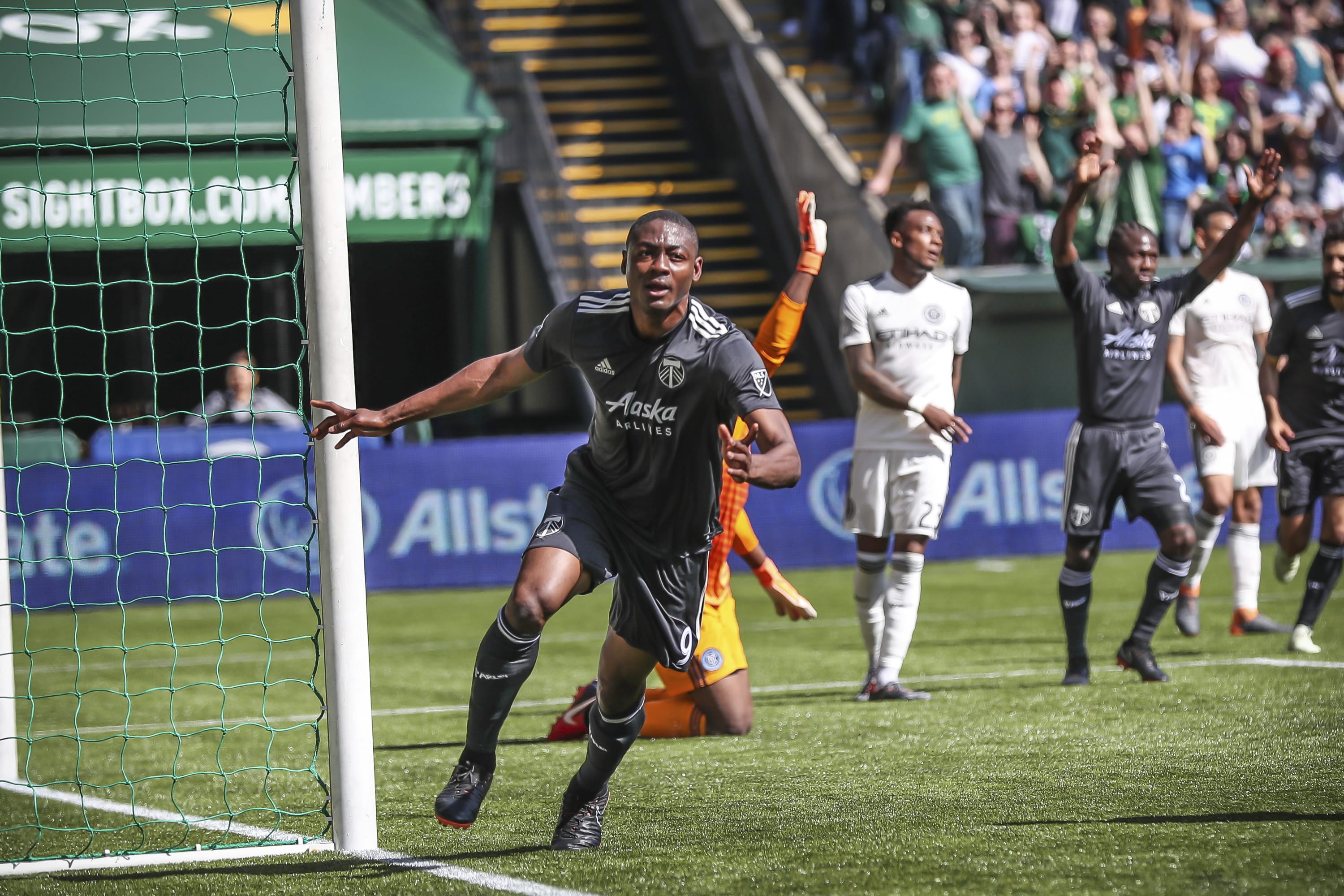 Portland Timbers forward Fanendo Adi celebrates his second goal of the season during an MLS soccer match against New York City FC in Portland, Ore., Sunday, April 22, 2018.