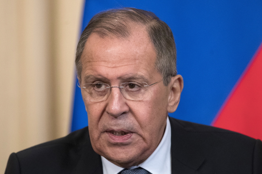 Russian Foreign Minister Lavrov speaks to the media a joint news conference with Dutch Foreign Minister Halbe Zijlstra following their talks, in Moscow, Russia, Friday, April 13, 2018. Lavrov said Friday Russian experts inspected the site of the alleged attack in the town of Douma and found no trace of chemical weapons.