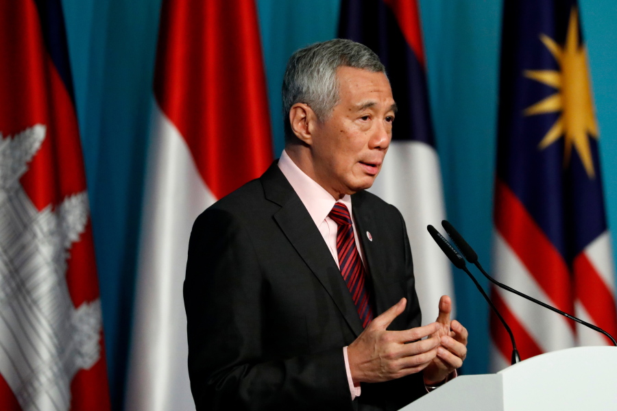 Singapore’s Prime Minister Lee Hsien Loong speaks during a press conference to mark the end of the 32nd ASEAN Summit on Saturday, April 28, 2018, in Singapore.