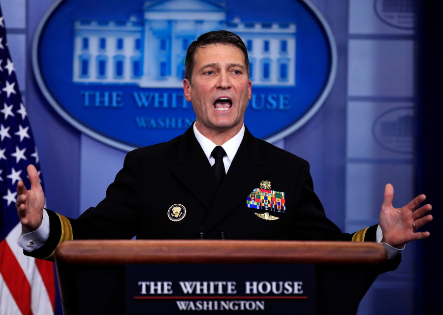 White House physician Dr. Ronny Jackson speaks to reporters during the daily press briefing in the Brady press briefing room at the White House, in Washington. Now it’s Washington’s turn to examine Jackson. The doctor to Presidents George W. Bush, Barack Obama and now Donald Trump is an Iraq War veteran nominated to head the Department of Veterans Affairs.