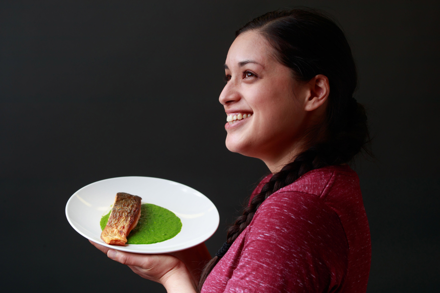 Hillel Echo-Hawk of Birch Basket is photographed at The Seattle Times on April 5 with her salmon dish with a dandelion and honey puree.