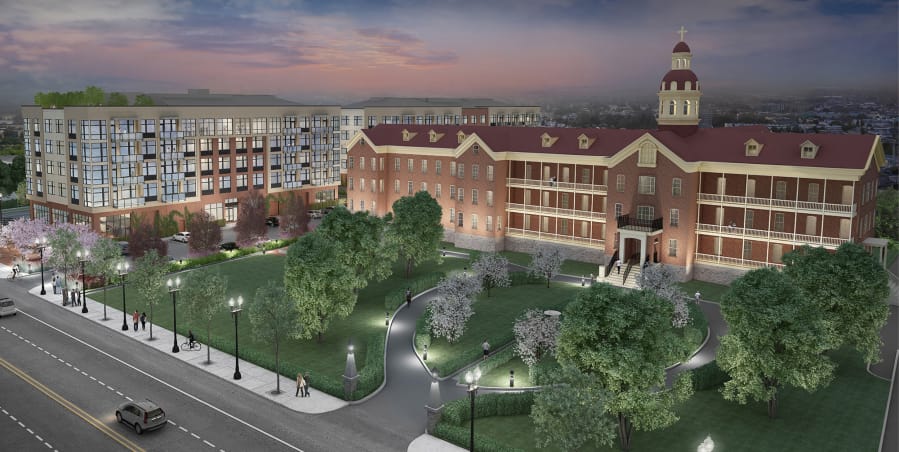 A southeast view of proposed Providence Academy site development, as recently presented to the public. Updated renderings are due at the end of the month.