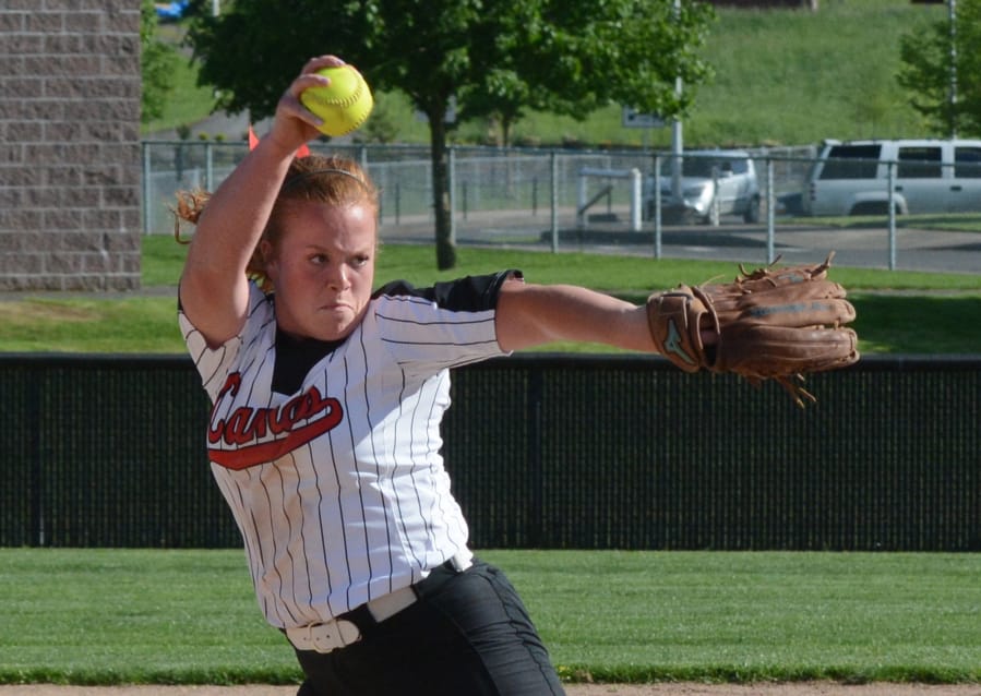 Camas pitcher Kennedy Ferguson struck out 15 batters against Battle Ground on Monday, May 7, 2018. Camas won the game 6-2.