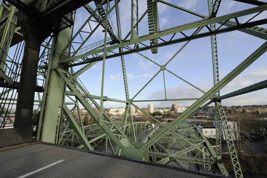 Downtown Vancouver is visible from the elevated lift span of the Interstate 5 Bridge. The Oregon Department of Transportation predicts that the bridge will be lifted more often over at least the next week due to rising waters of the Columbia River.
