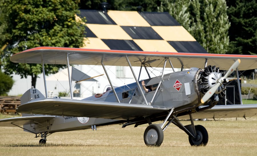 A restored Boeing 40C belonging to Addison Pemberton, visiting Pearson Field in 2011, flew West Coast airmail routes in the 1920s for Pacific Air Transport. Pemberton is part of this week’s airmail centennial celebration, flying his Stearman Speedmail.