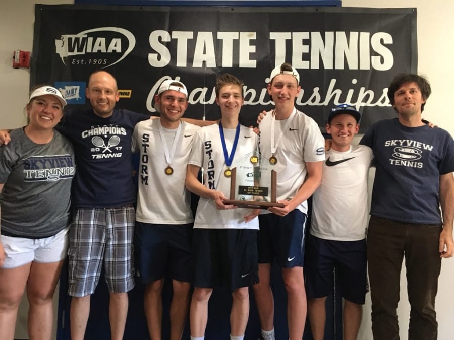 The Skyview boys tennis team won back-to-back state titles with Andrew Kabacy, center, winning a second consecutive 4A singles title on Saturday, May 26, 2018.