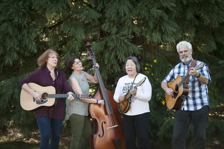 Bluegrass among the evergreens. The Misty Mamas, featuring Katherine Nitsch, left, Eileen Rocci, April Parker and Tony Rocci, are getting ready for a series of CD release concerts this summer. Here they try a little outdoor harmonizing in Nitsch’s back yard in the Mount Vista neighborhood.